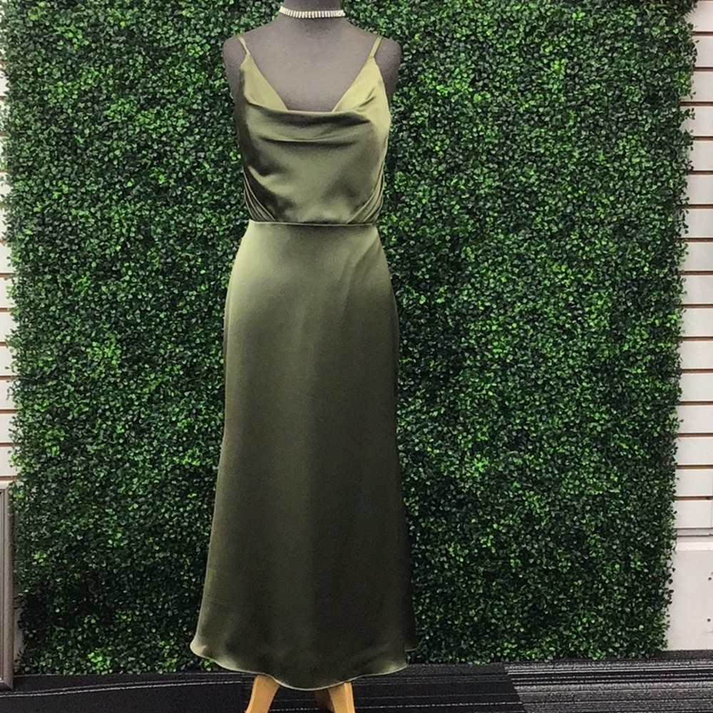Olive Green Satin MIDI Dress